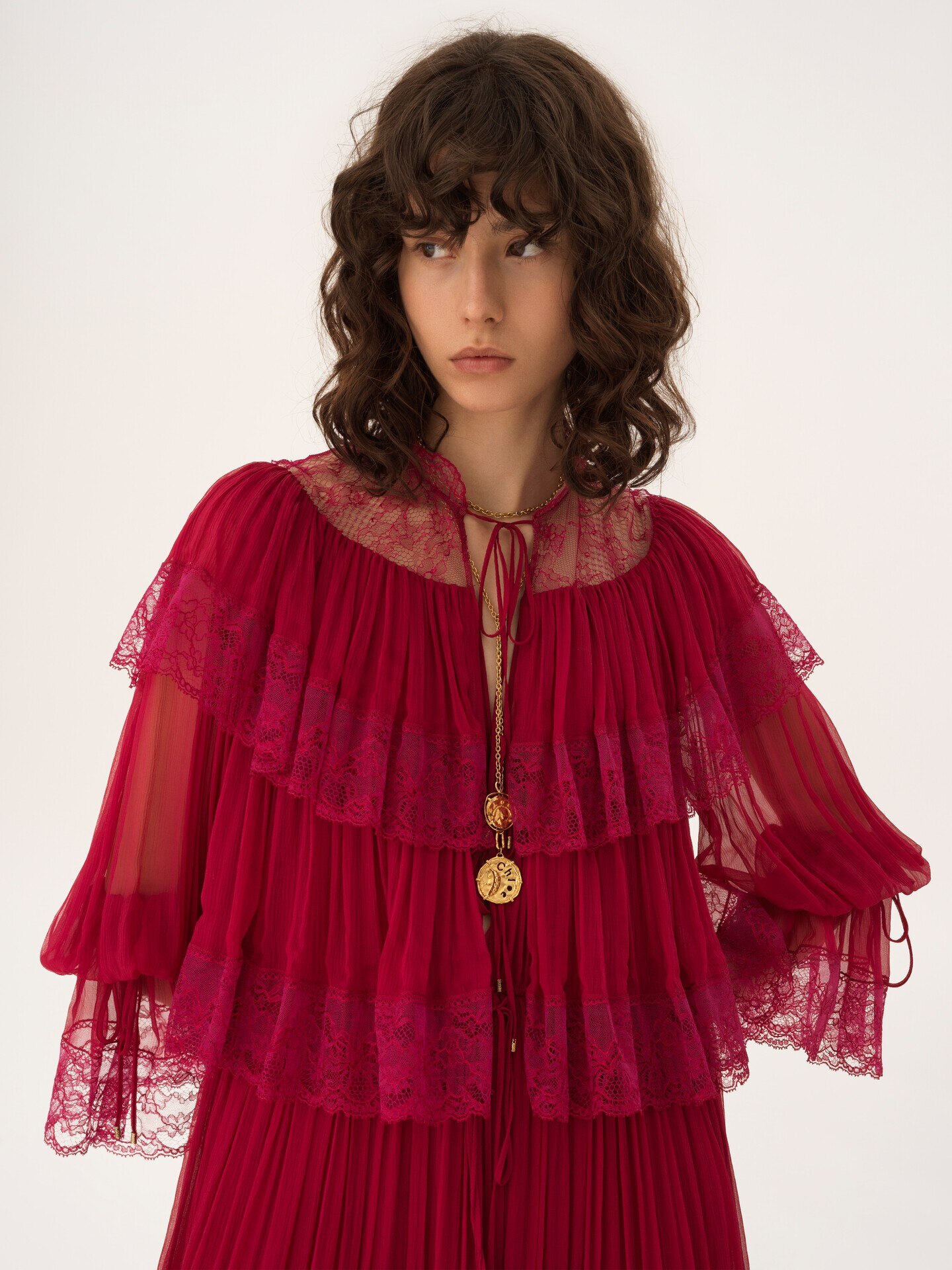 Long ruffled dress in silk mousseline & lace - 5.0
