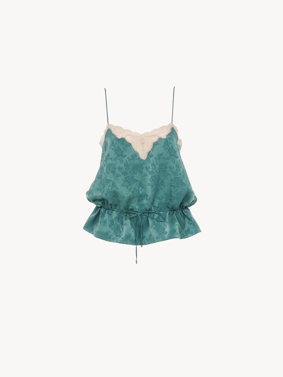 Drawstring camisole top in silk jacquard & lace - 2