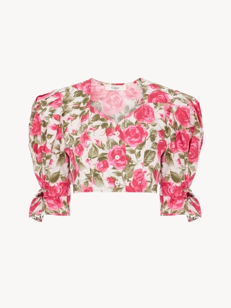 Puff-sleeve cropped top in cotton poplin