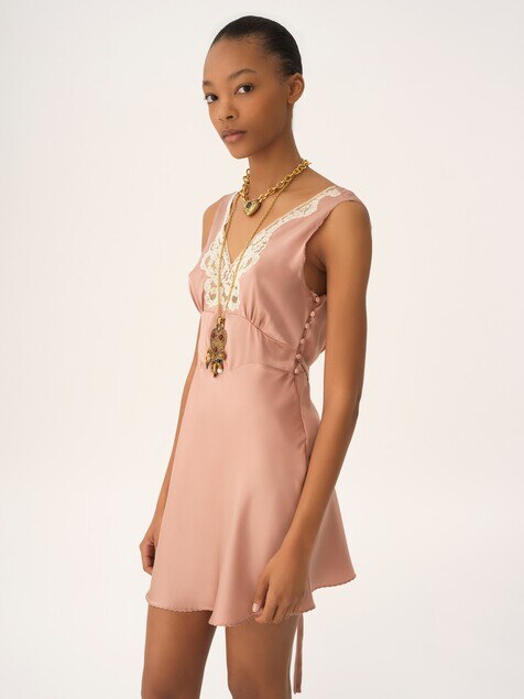 Sleeveless mini dress in washed silk satin & lace