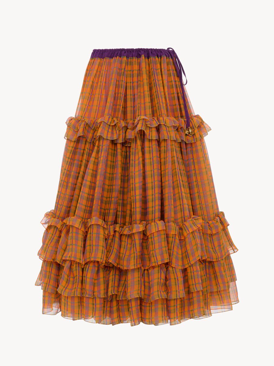 Ruffled long skirt in check silk mousseline - 2