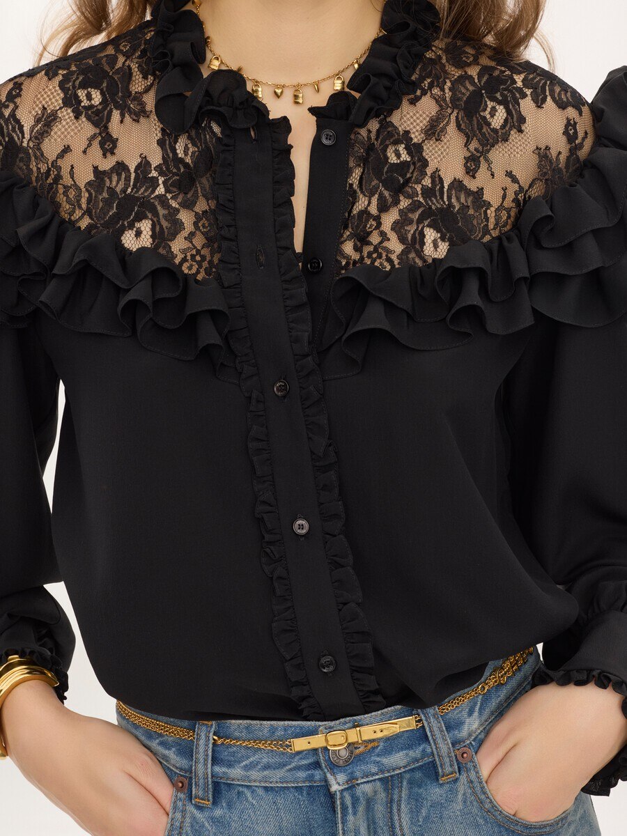 High-neck ruffled blouse in cr&ecirc;pe de chine & lace - 6