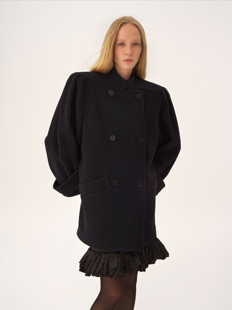 High-neck double-breasted coat in wool