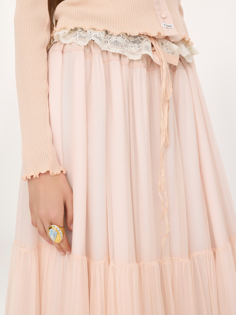 Ruffled long skirt in silk mousseline - 7