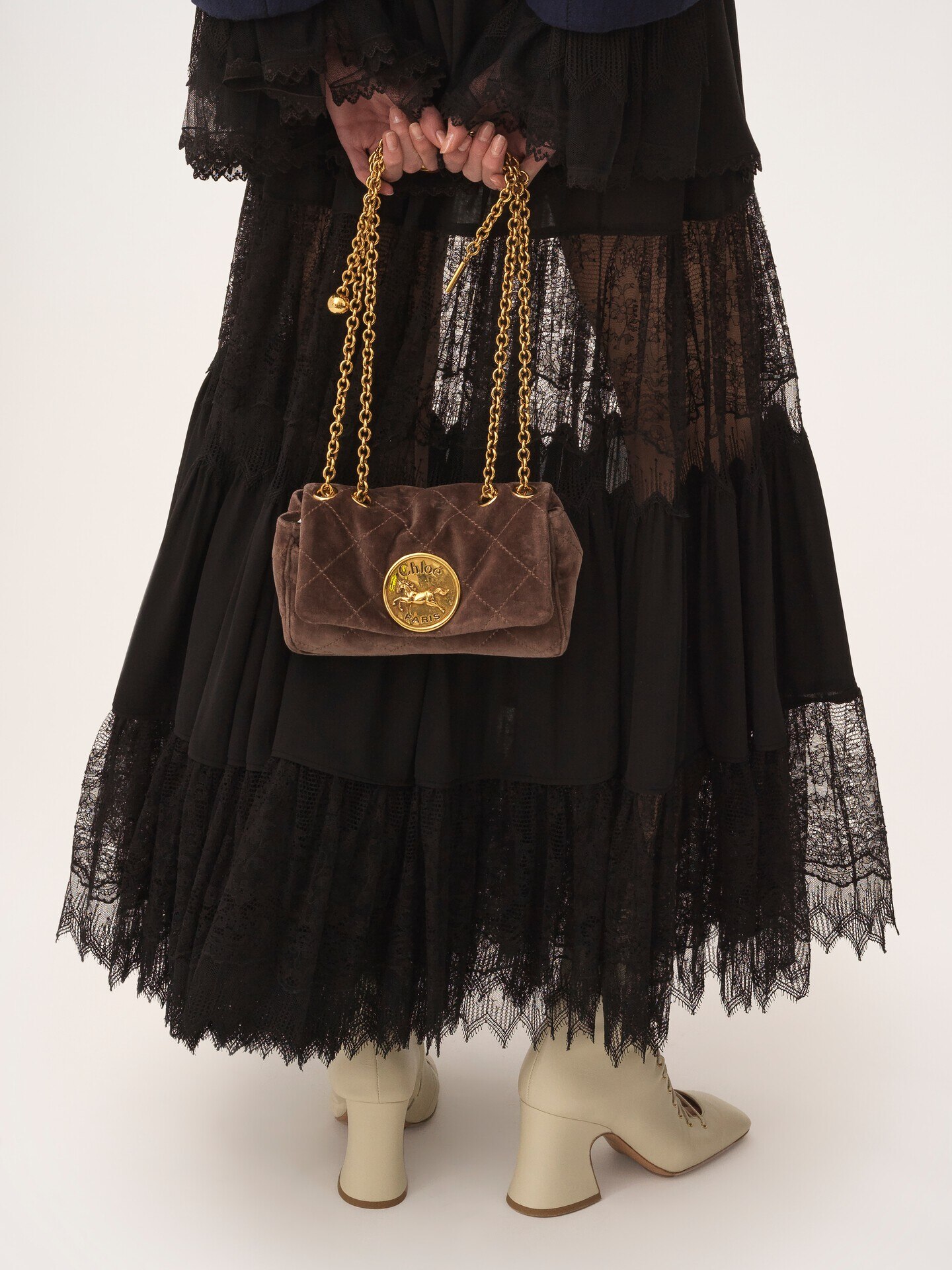 Tiered long skirt in silk georgette & lace - 8