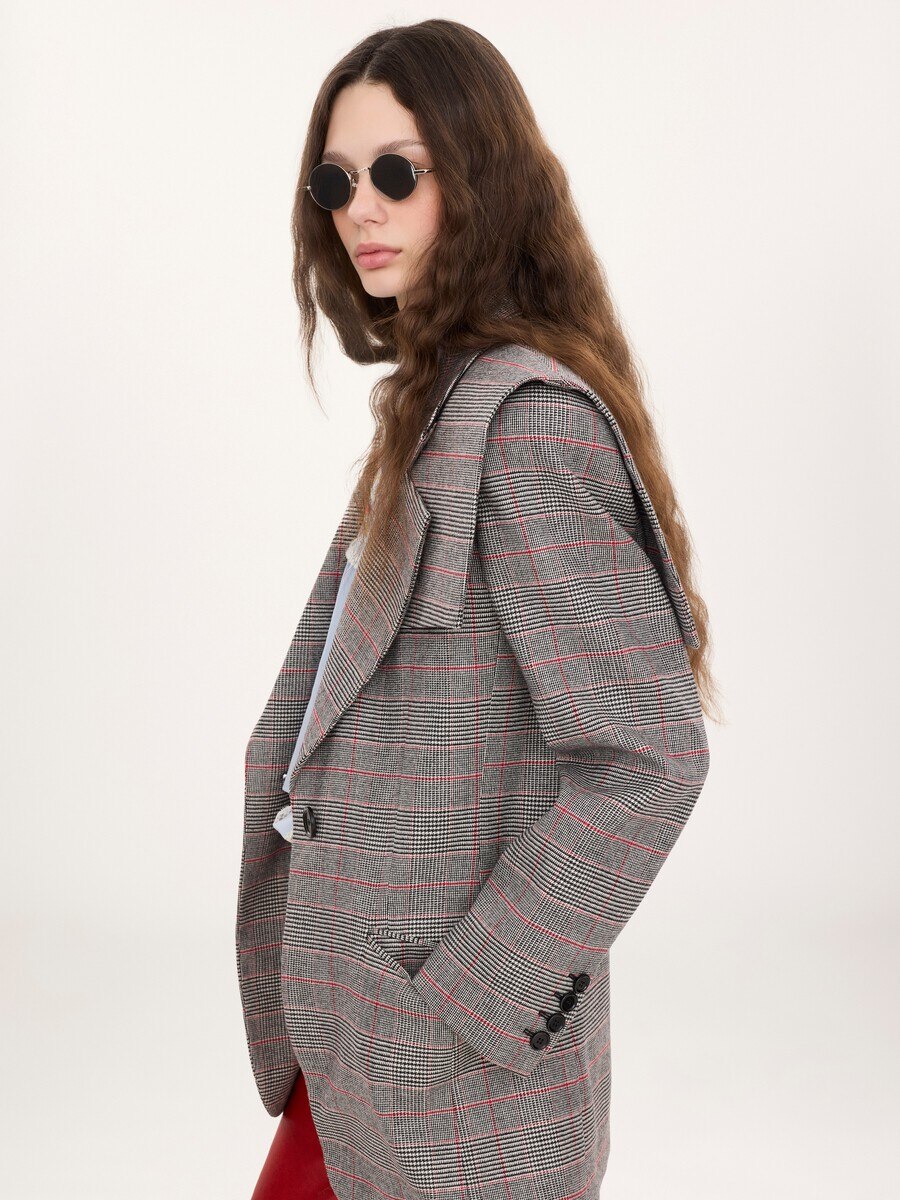 Veste blazer droite en laine prince-de-galles - 7