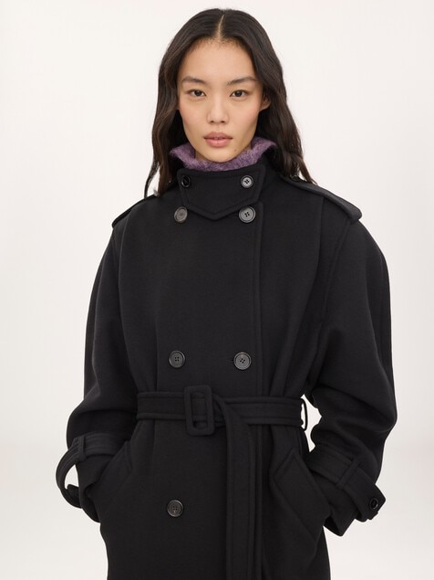 High-neck long coat in double-face wool