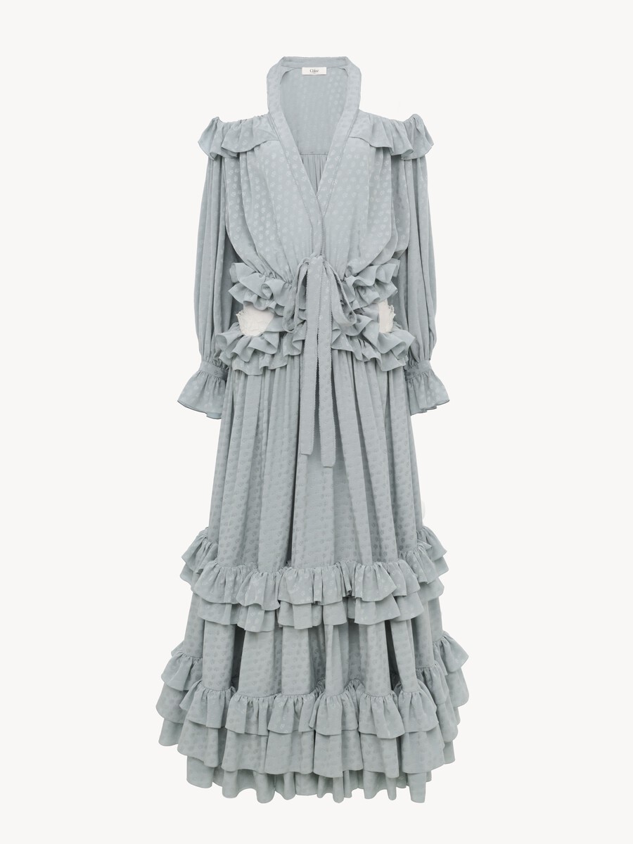 Long cut-out ruffled dress in silk jacquard - 2