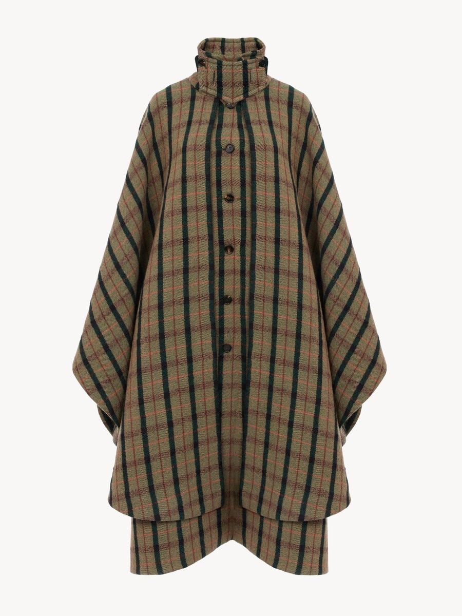 Layered long cape coat in brushed check wool - 2