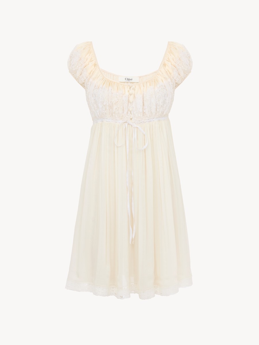 Short-sleeve mini dress in silk mousseline & lace - 2