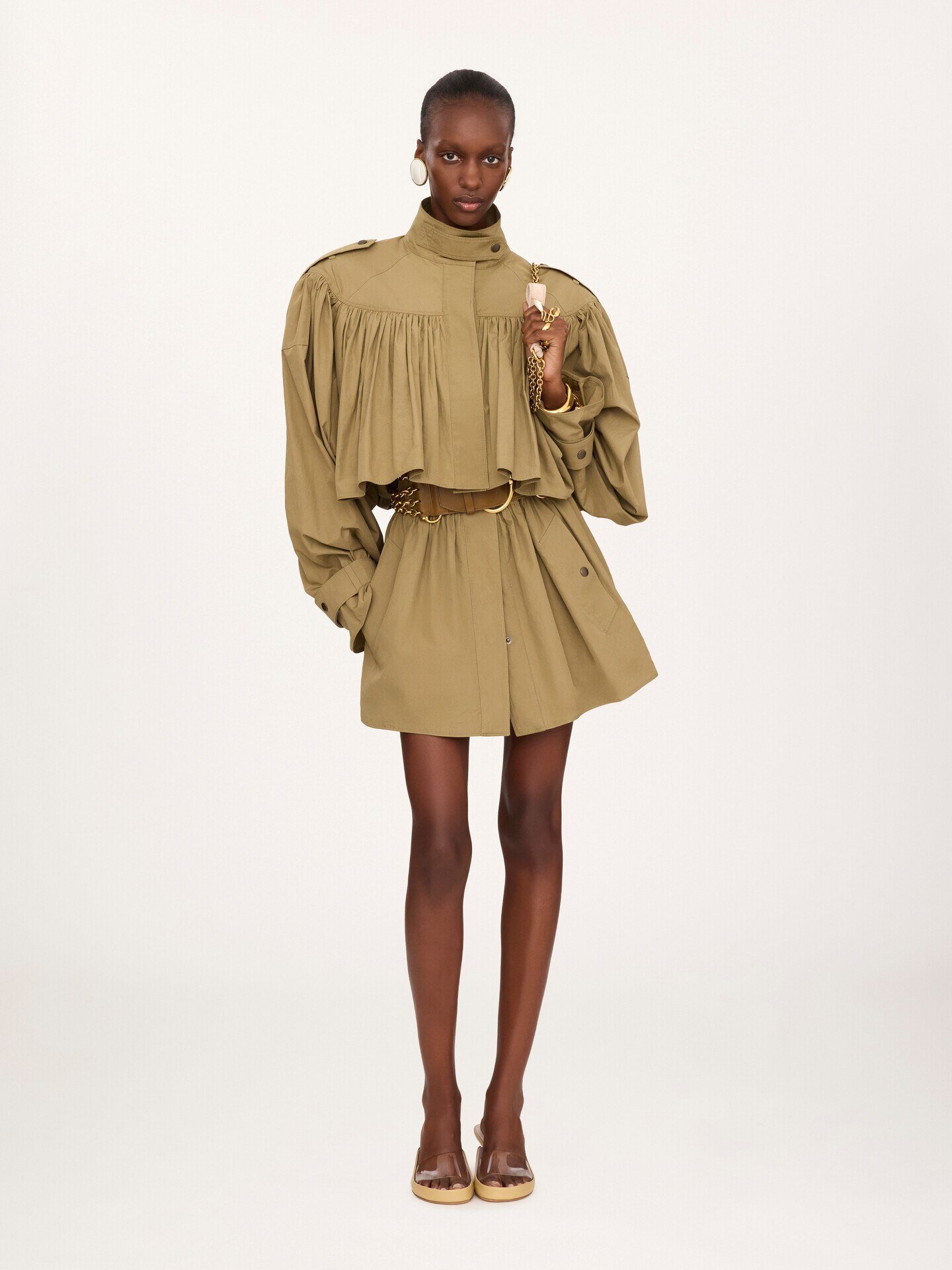 High-neck short trench coat in cotton poplin - 3