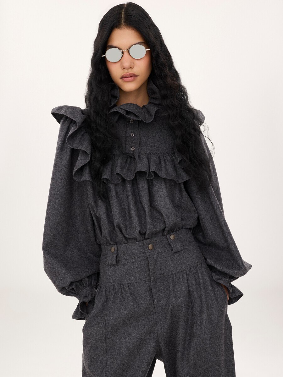 High-neck ruffled top in wool & cashmere flannel - 6
