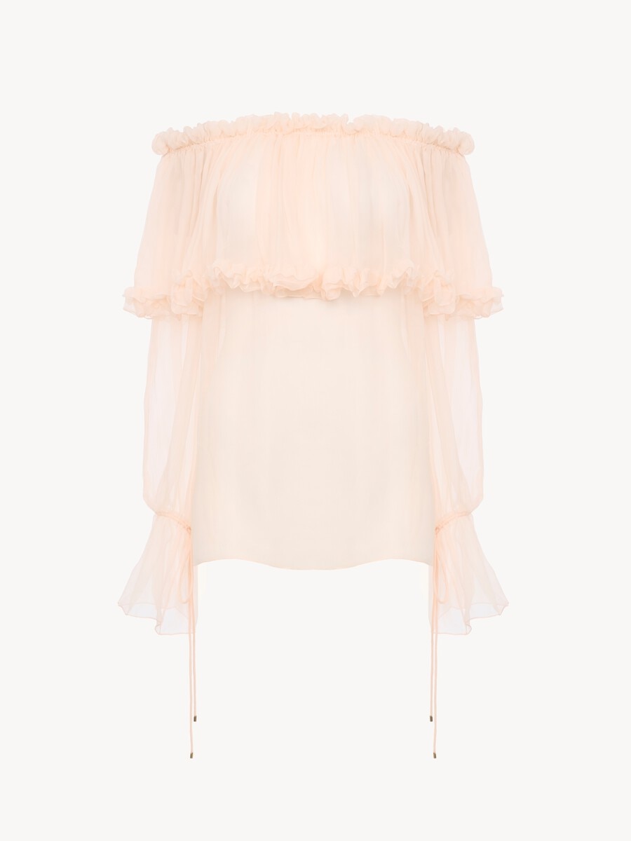 Off-the-shoulder puff-sleeve top in silk mousseline - 2
