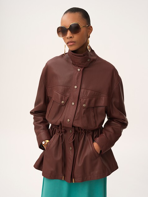 High-neck parka in leather