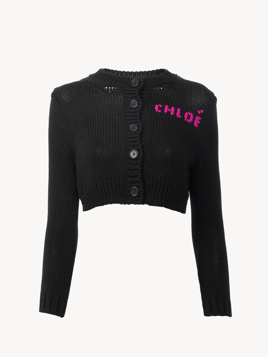 K&ouml;rperbetonte Cropped-Strickjacke aus Baumwollstrick mit Logo  - 2
