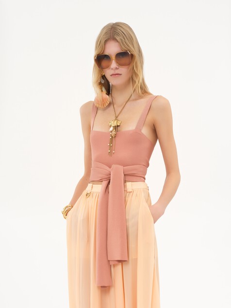 Cropped front-tie tank top in shiny viscose knit