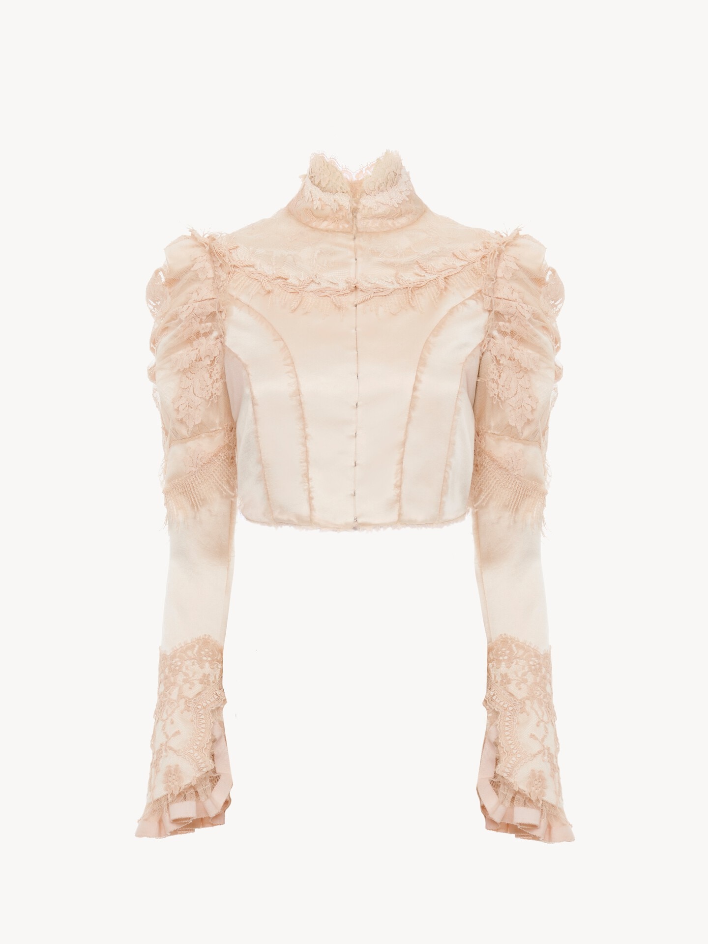 Cropped fitted jacket in silk duchess satin & lace - 1