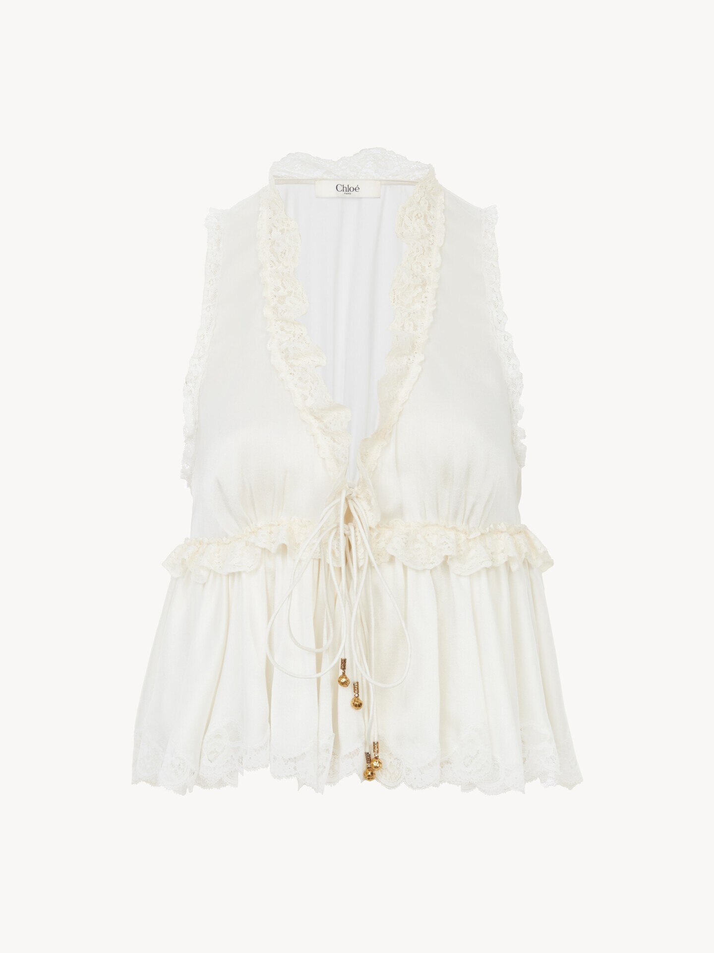 Tie-front sleeveless top in washed silk satin & lace - 2