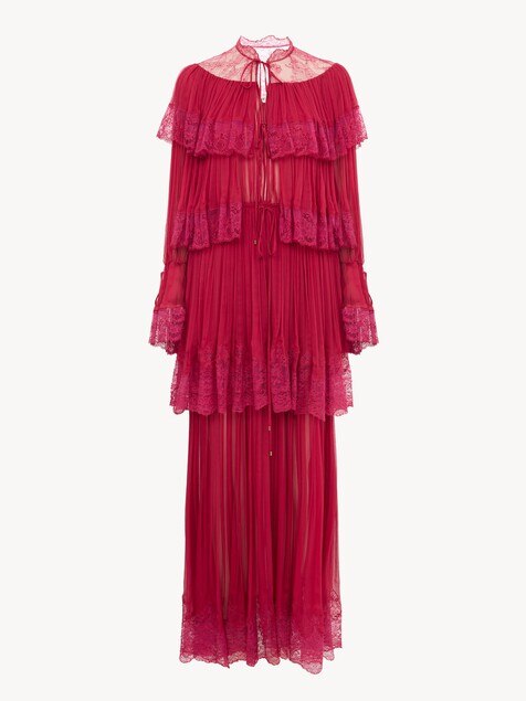Robe longue &agrave; volants en mousseline de soie et dentelle