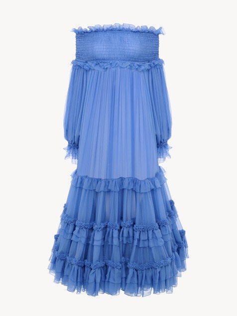 Off-the-shoulder long dress in silk mousseline