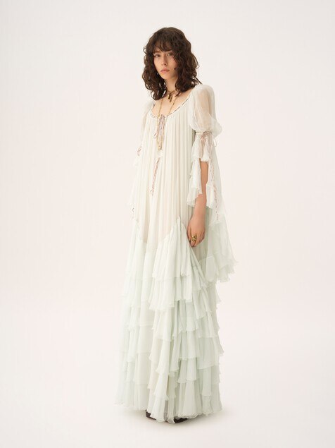 Oversized long ruffled dress in silk mousseline
