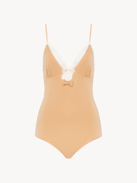 Lace-trimmed ruched bodysuit