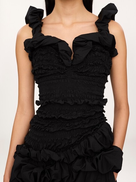 Robe midi sans manches fronc&eacute;e en popeline de coton