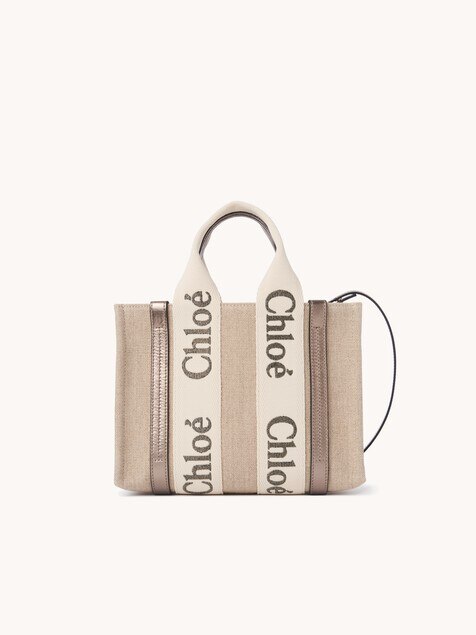 Small Woody tote bag in linen & leather