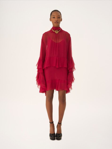 Ruffled mini dress in silk mousseline
