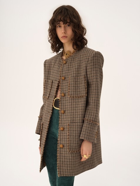 Single-breasted collarless coat in houndstooth wool