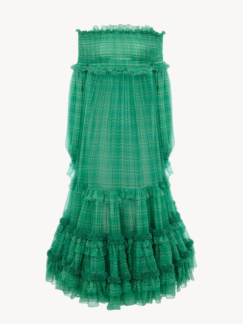 Off-the-shoulder long dress in check silk mousseline
