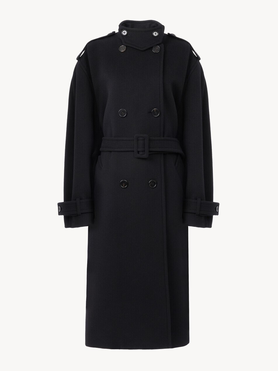 High-neck long coat in double-face wool