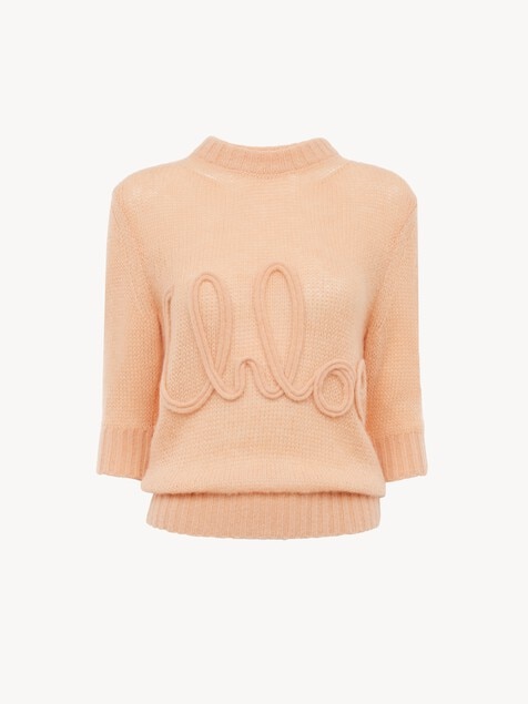 Elbow-sleeve logo jumper in alpaca wool & silk knit