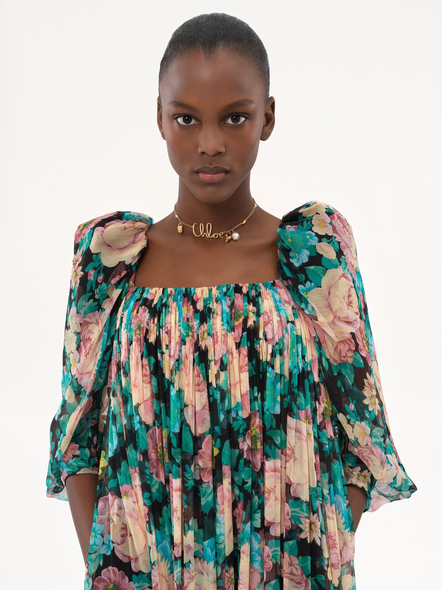 Puff-sleeve long dress in silk mousseline - 7