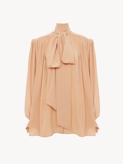Oversized gathered lavalli&egrave;re blouse in cr&ecirc;pe de chine