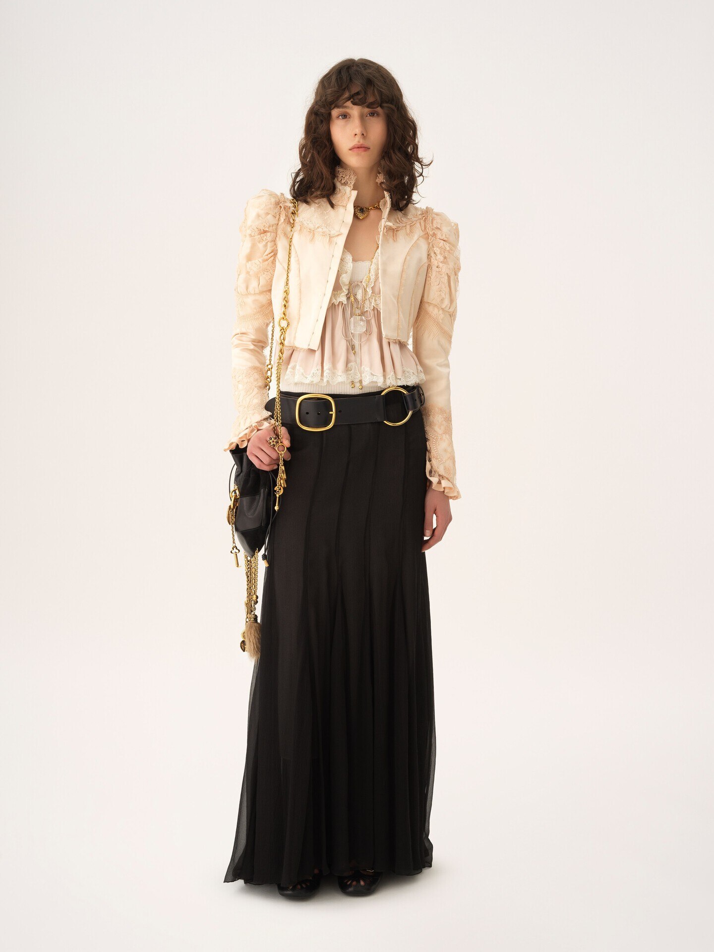 Cropped fitted jacket in silk duchess satin & lace - 2