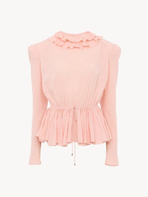 Drawstring ruffle top in jacquard silk