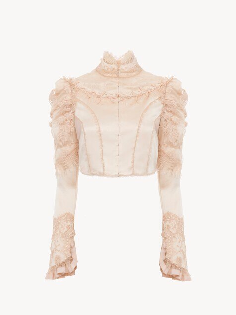 Cropped fitted jacket in silk duchess satin & lace
