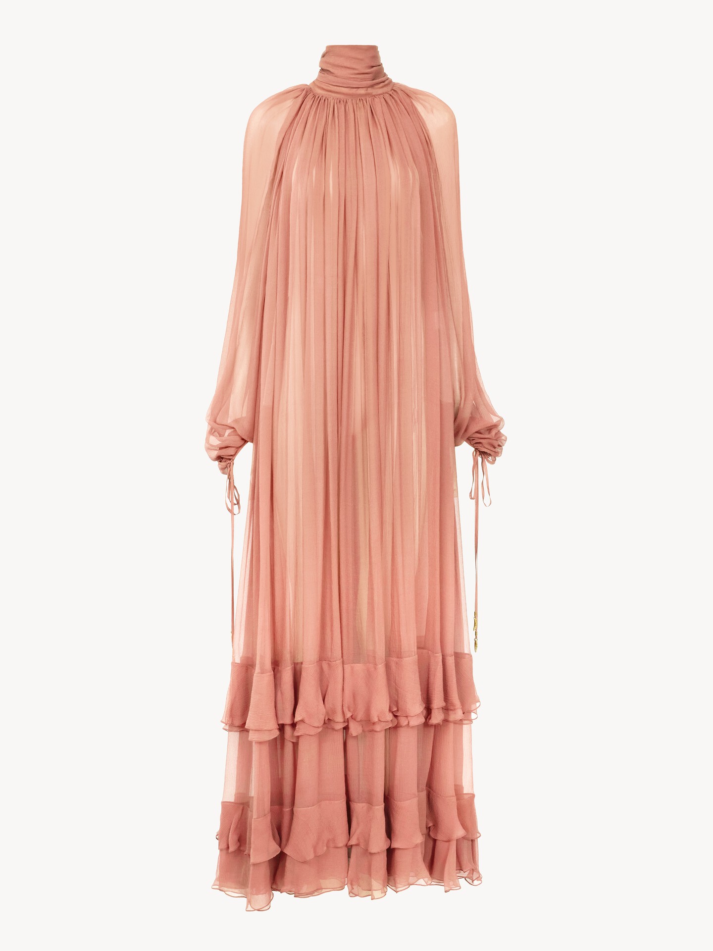 Gathered long dress in silk mousseline Clay Pink Chloé