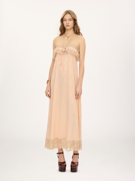 Thin-strap long dress in silk jacquard & lace