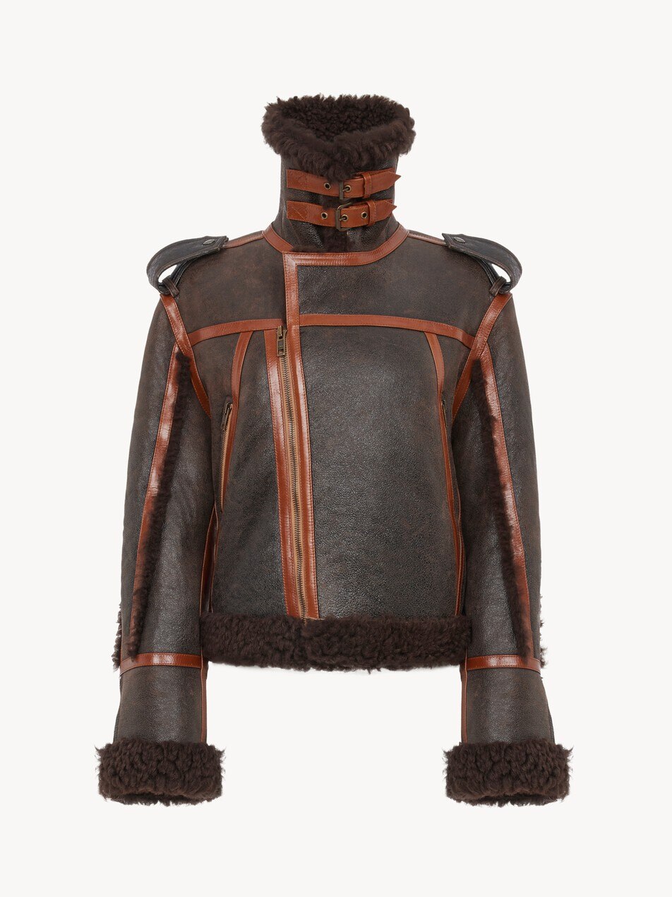 High-neck jacket in shearling