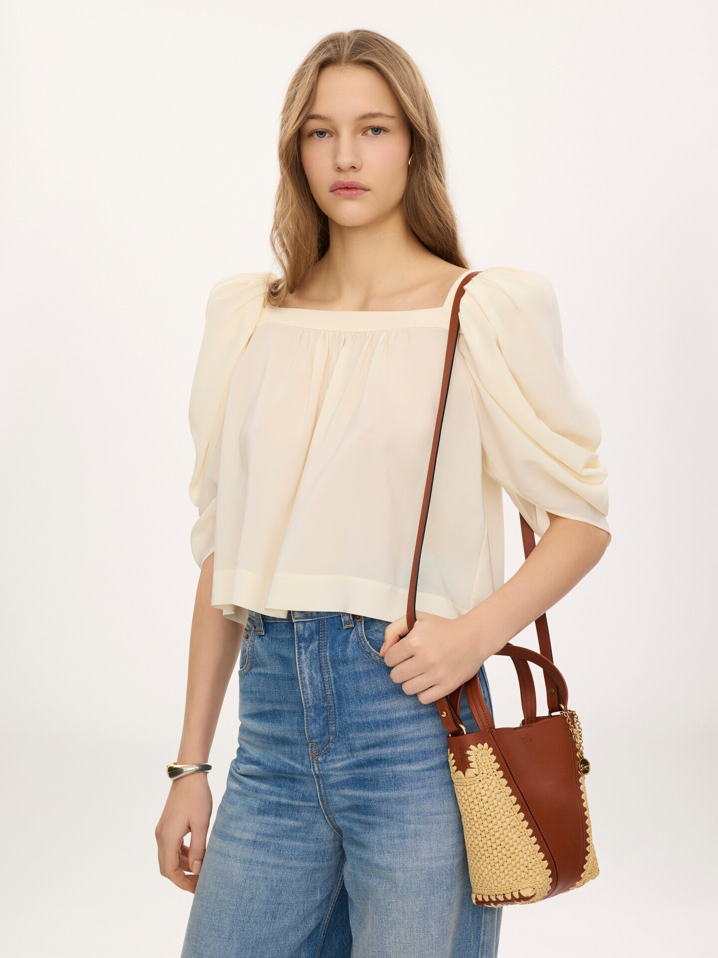 Small Chlo&eacute; Spin tote bag in raffia-effect & leather - 3.0