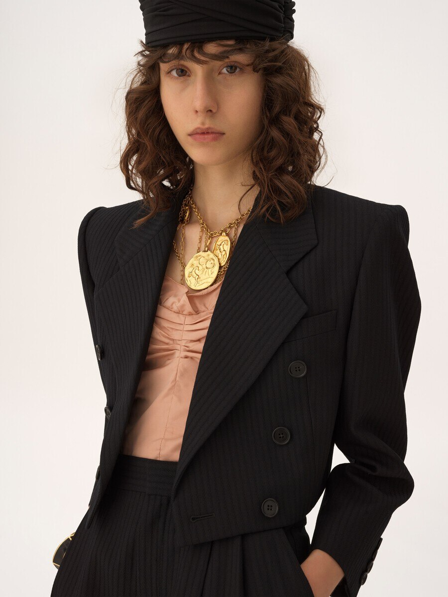 Double-breasted cropped Spencer jacket in striped wool - 8