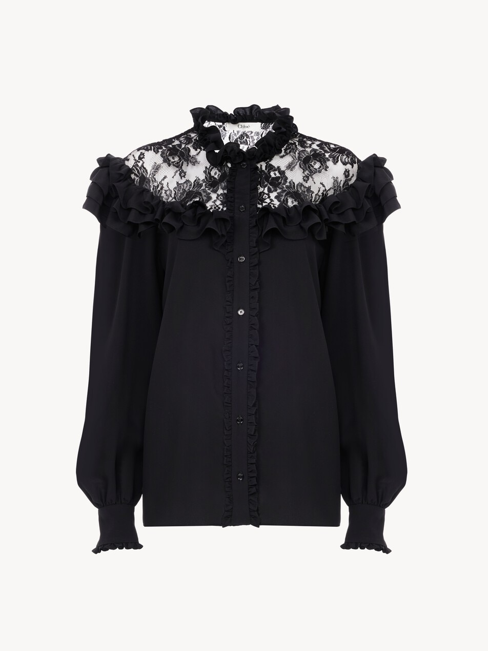 High-neck ruffled blouse in cr&ecirc;pe de chine & lace - Packshot