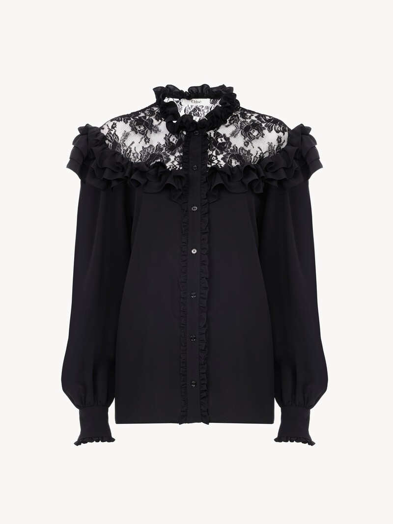 High-neck ruffled blouse in crêpe de chine & lace by Chloé