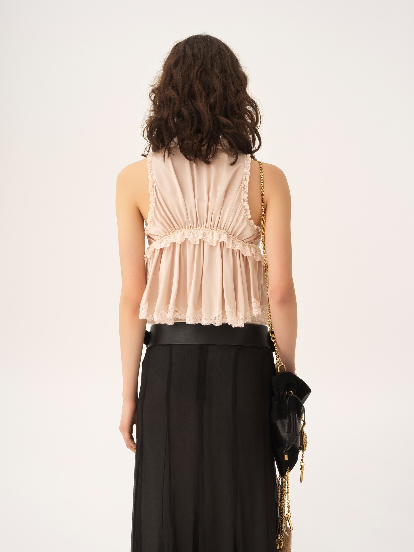 Tie-front sleeveless top in washed silk satin & lace - 5.0
