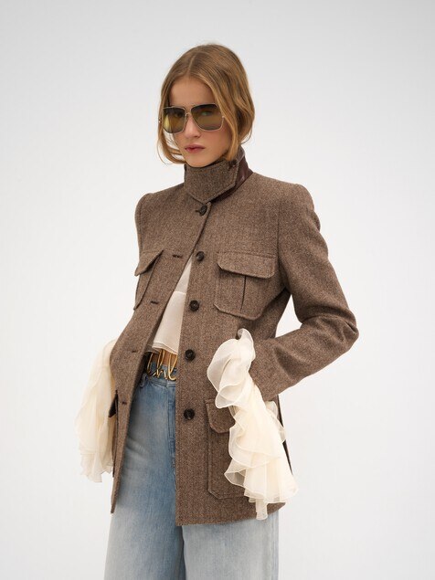 Long officer jacket in herringbone wool