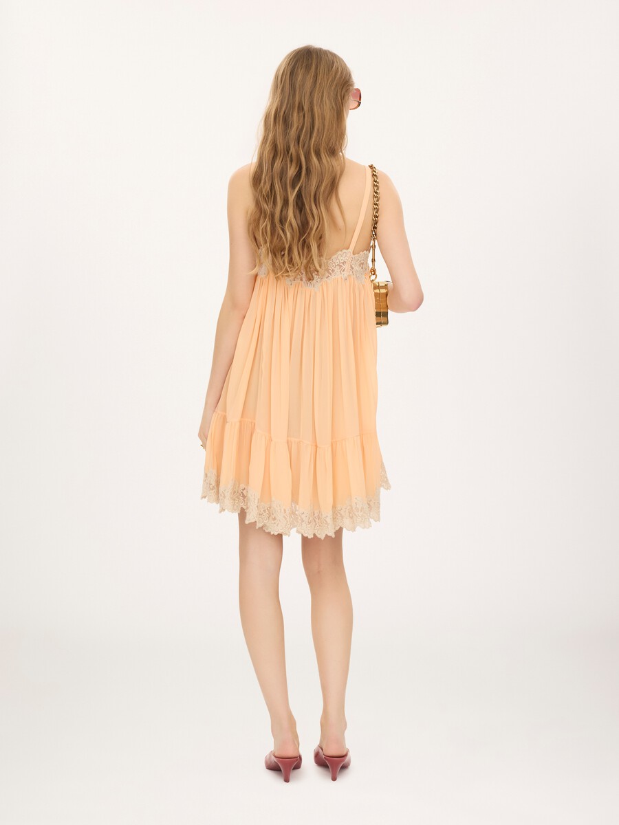 Thin-strap mini dress in silk georgette & lace - 5