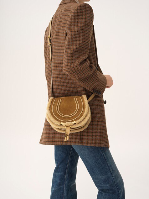 Small Marcie saddle bag in suede leather & shearling