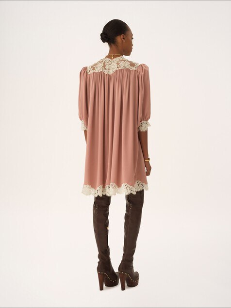 Gathered V-neck mini dress in washed silk satin & lace